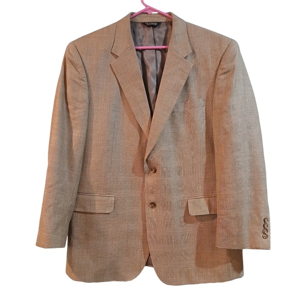Jos A Bank Wool Silk Glen Plaid Blazer Sport Coat Tan Brown 46R Mens